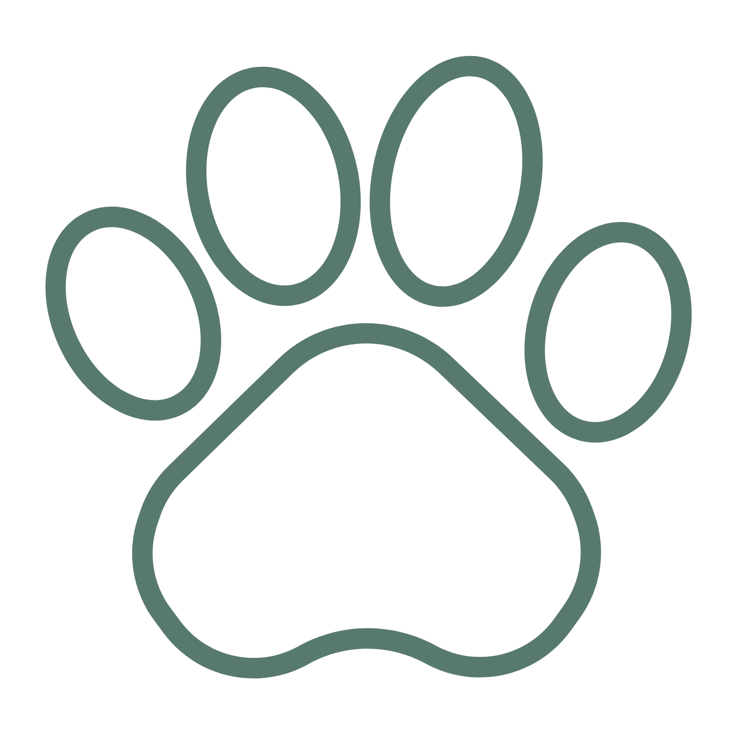 Simple, green outline drawing of a paw print with four oval-shaped toes and a rounded pad on a white background—perfect for any mini poodle breeder or those searching for adorable mini poodle puppies.