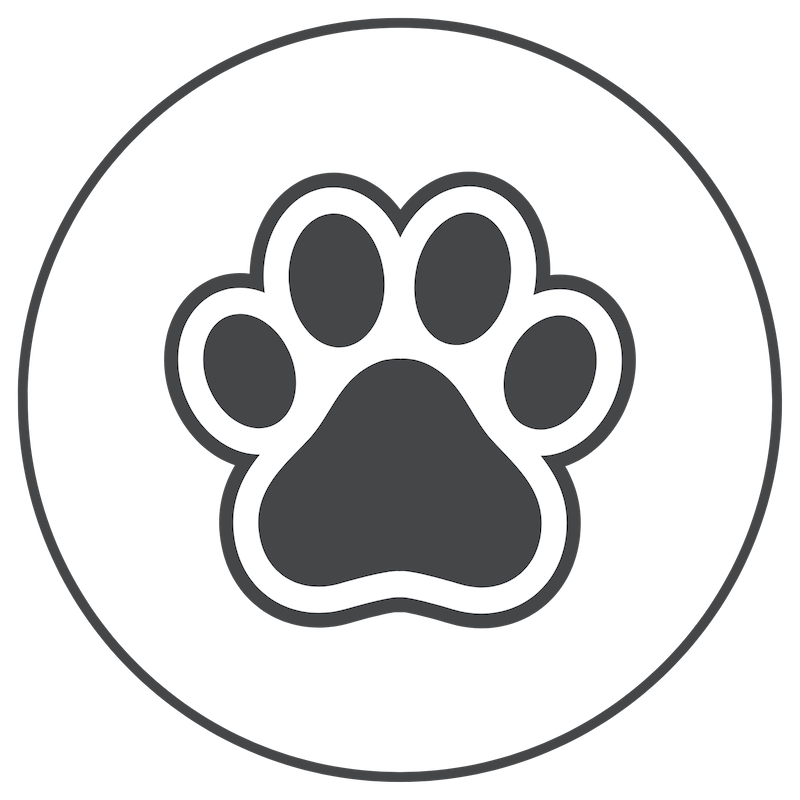 A simple black paw print icon, perfect for a mini poodle breeder, centered within a thin black circle on a white background.